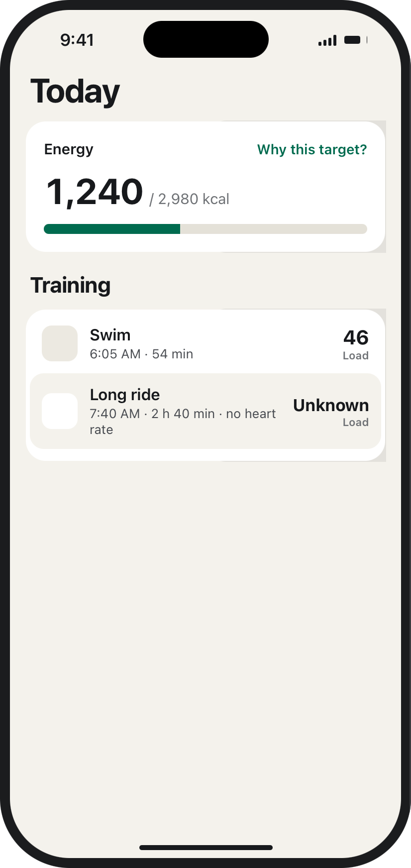 Today — a long ride with no heart rate shows Unknown Load, not zero.